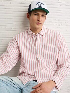 American Eagle Outfitters Men's Large Linen Pink White Striped Button-Down Shirt